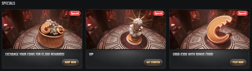 Sección de especiales Gransino con estatus VIP y recompensas de cangrejo adicionales.